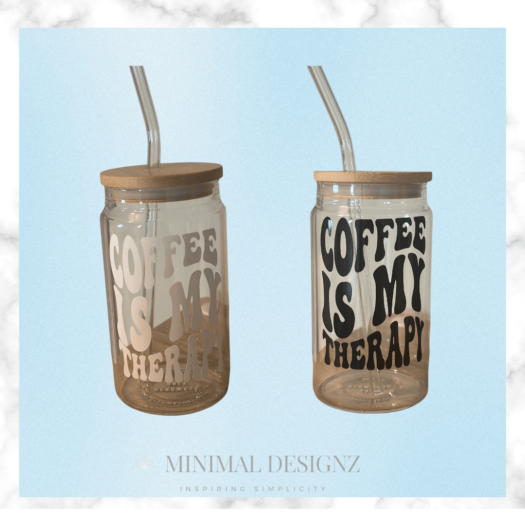 Clear iced coffee glass with bamboo lid and glass straw white vinyl decal that says coffee is my therapy Libby glass