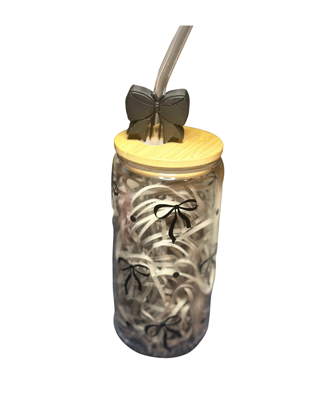 Bow Iced Coffee glass with 3D printed straw topper