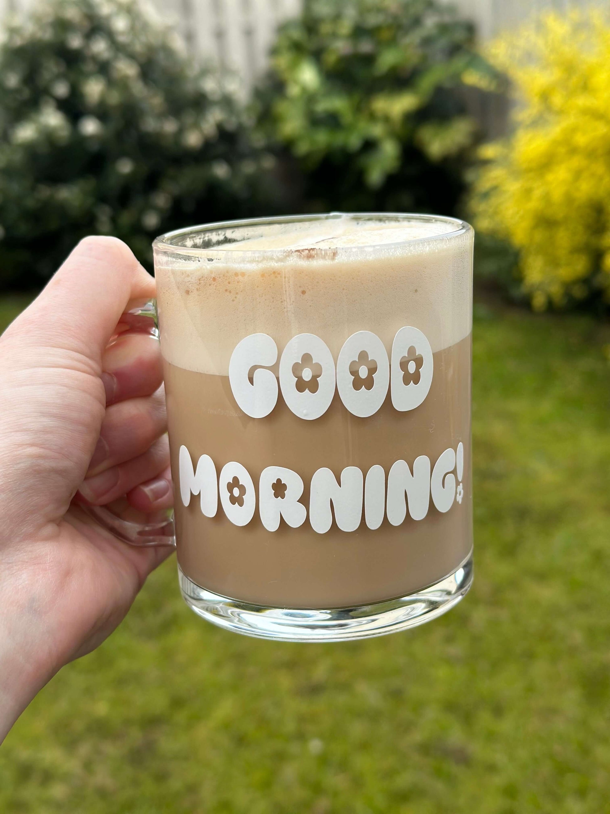 Clear coffee glass mug with white vinyl decal good morning daisy floral design 