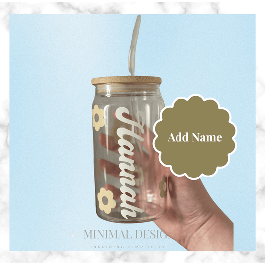 Clear drinking glass with glass straw bamboo lid white name vinyl decal personalised beige flower daisy vinyl decal sticker Libby glass