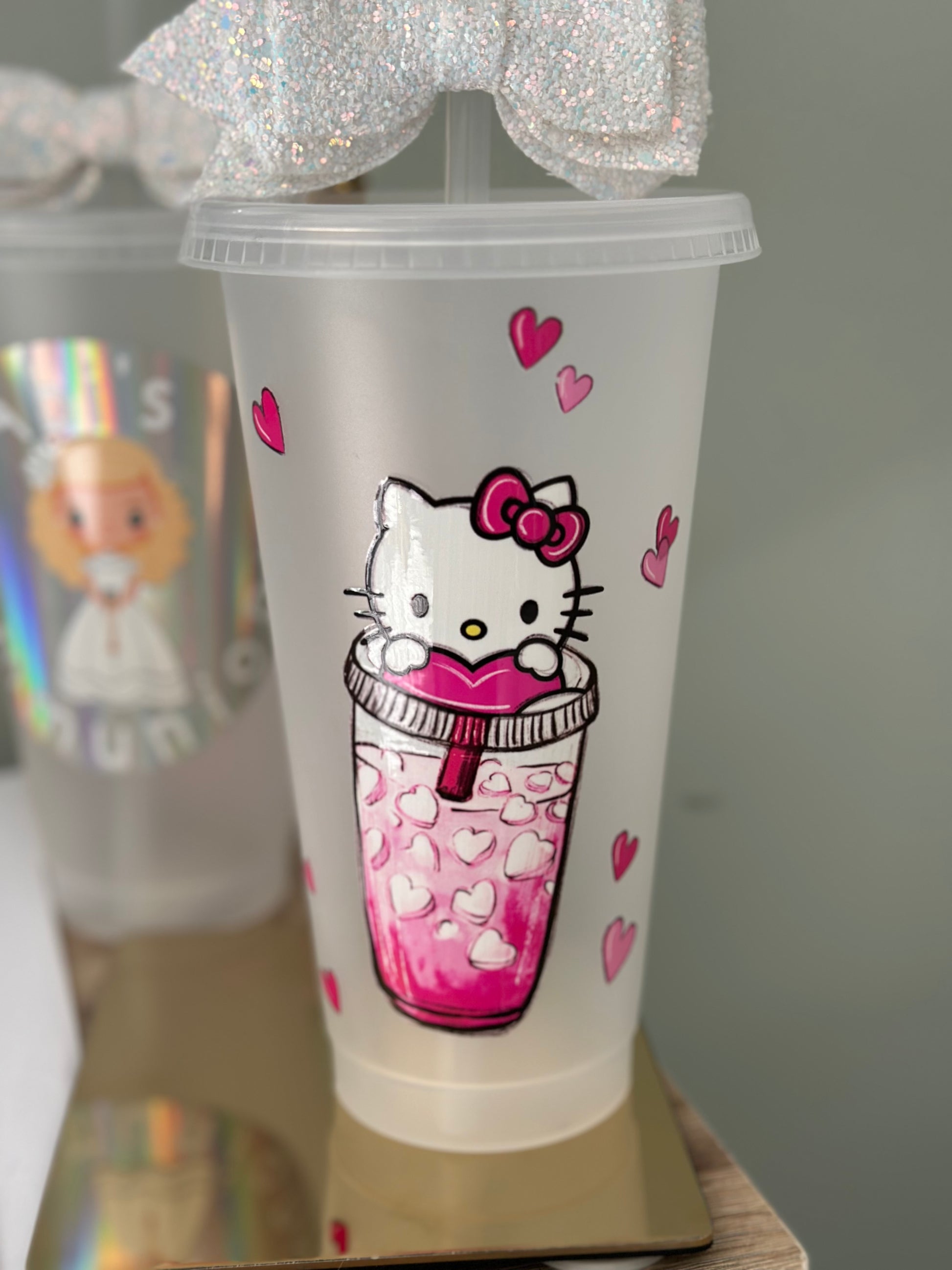 Plastic straw drinking cup cold cup vinyl decal kitty pink sticker vinyl uv dtf transfer 
