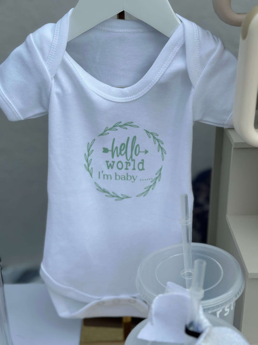 Baby onesie baby grow baby top baby tshirt white cotton green vinyl decal that says hello world add your name or personalize 